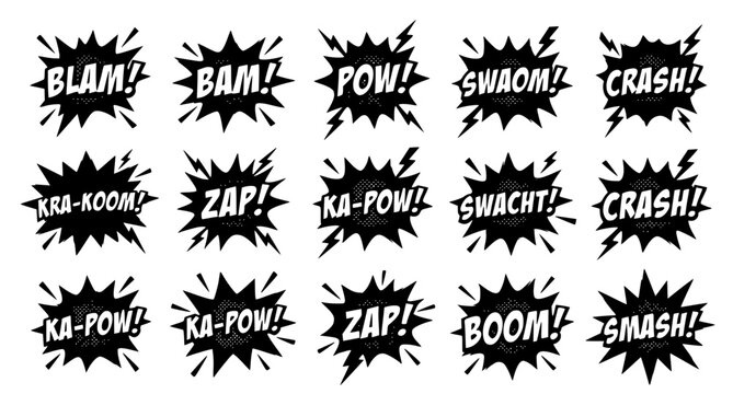 Retro pop art comic book speech bubbles vector set with explosive starburst and action callout silhouettes