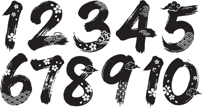 A collection of ten numbers, from 1 to 10, rendered in a bold, brushstroke style with traditional Japanese decorative elements.