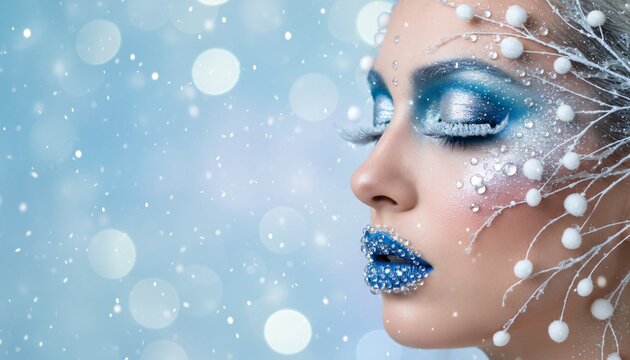 Beautiful woman with creative winter-themed makeup and snowflakes, representing a snow queen or ice princess.