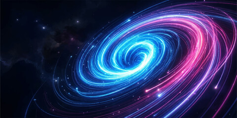 Cosmic spiral galaxy concept with glowing blue and pink light streams astronomy universe astrophysics phenomenon discovery infinite celestial particles background abstract constellation © The Alpha