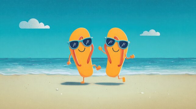 Two anthropomorphic orange sandals with sunglasses happily frolic on a sunny beach, waves and clouds in the background