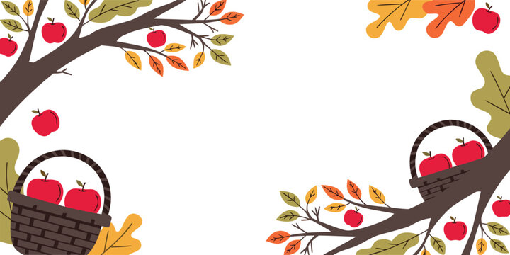 Autumn apple picking background with baskets on branches