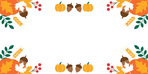 Autumn harvest border with pumpkins, leaves, acorns, and wheat on transparent background © Sadhin07