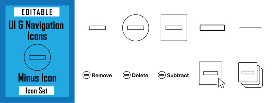 Minus Icon Set for UI and Navigation: A collection of editable minus icons for user interface and navigation design, including delete and subtract symbols.