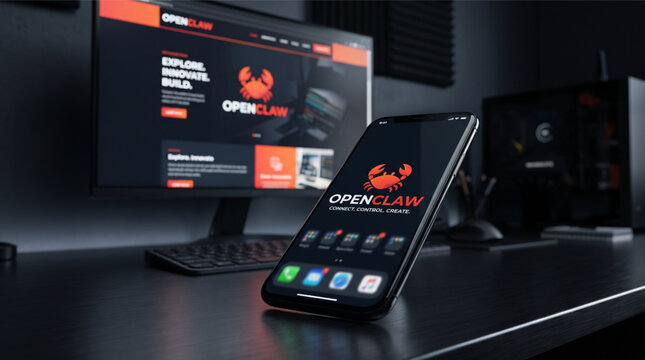 OpenClaw AI app on smartphone screen and monitor with crab logo. Advanced software platform for robotics, coding, and smart automation technology. Connect, Control, Create. Professional mockup.