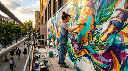 Fototapeta premium Female Artist Painting Vibrant Colorful Mural on City Building Wall