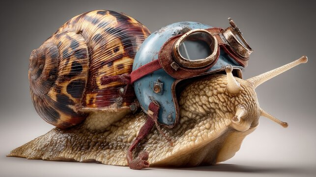 A whimsical snail sporting an aged aviator helmet and goggles, with its shell prominently displayed against a soft gradient background