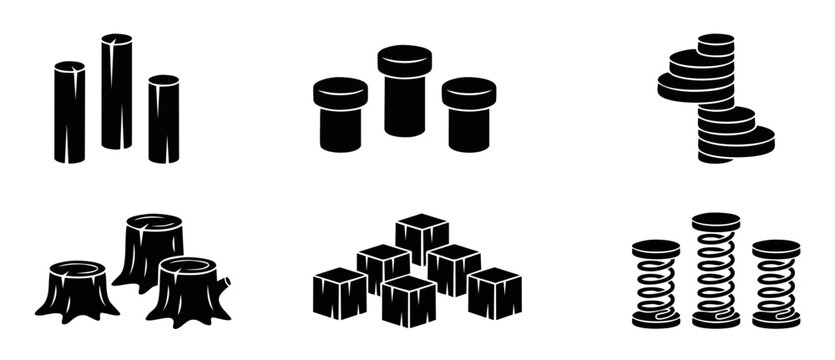 Vector icon sets columns pipes steps wood stumps cubes springs for industrial structural design, engineering diagrams, workflow diagrams, construction layouts, technical outline graphic project tools.