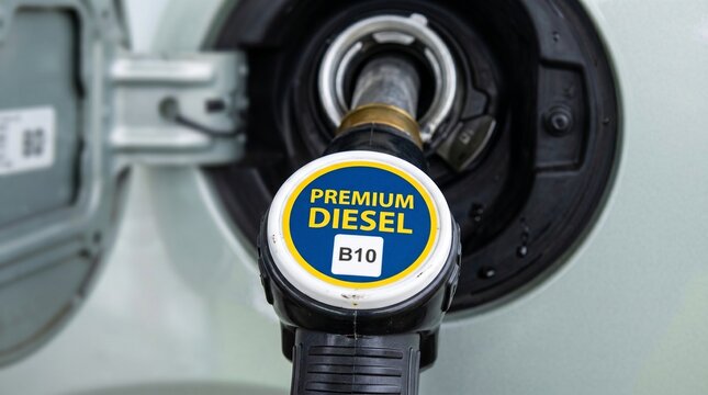 A close-up shot of a "PREMIUM DIESEL B10" fuel nozzle dispensing fuel into a car's tank.