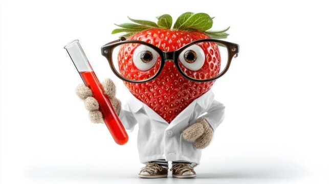 Strawberry scientist with test tube in lab coat