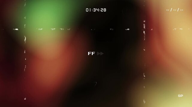 Retro VHS glitch background featuring a fast forward indicator and timecode counter with blurred analog colors and vintage tracking noise for a nostalgic video aesthetic