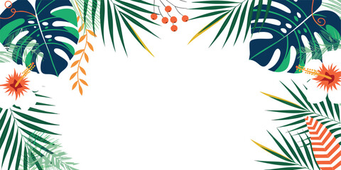 Tropical jungle leaf border design with monstera palm leaves and orange hibiscus flowers © Sadhin07