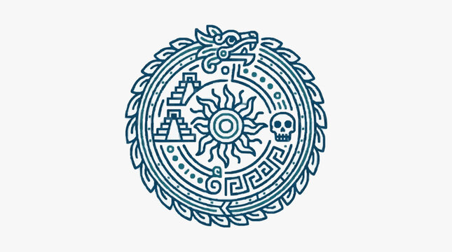 Aztec Sun Stone Symbol with Dragon and Skull.