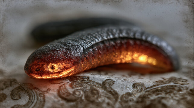 Glowing amber leech creature on damask fabric for surreal dark fantasy horror art