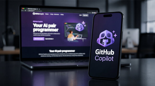 GitHub Copilot AI pair programmer app on smartphone screen and laptop display for software development. Generative artificial intelligence coding tool, programming, and next-generation tech mockup.