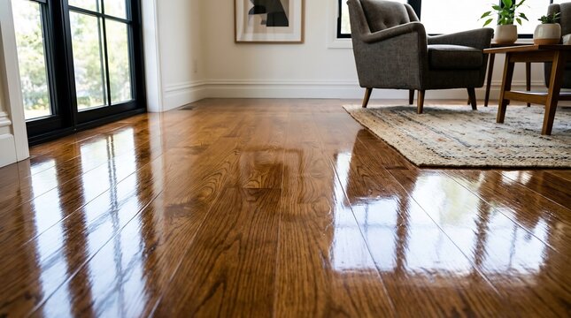 A glossy wooden floor in a modern living room with a chair and table