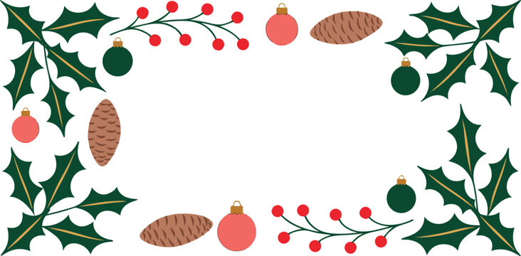 Winter festive frame with pine cones holly branches and ornaments