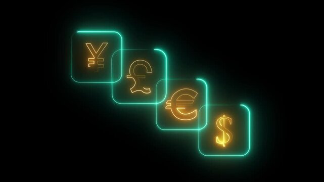 Neon Currency Symbols Glowing on Dark Background &ndash; Global Finance, Foreign Exchange and International Banking Concept