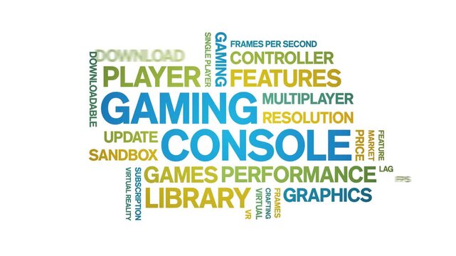 Gaming Console animated word cloud-gross domestic product animation tag kinetic typography seamless loop.