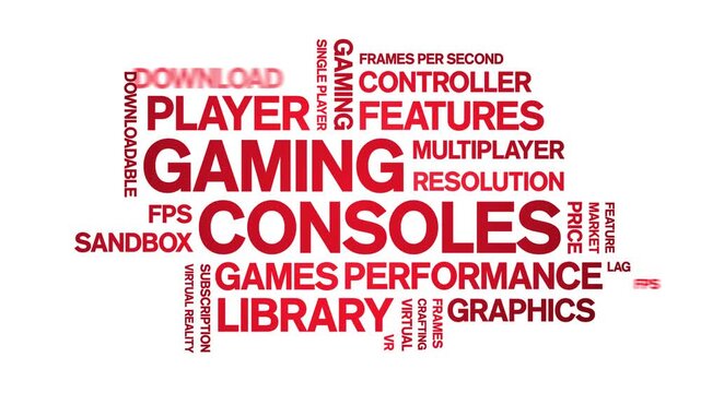 Gaming Consoles animated word cloud-gross domestic product animation tag kinetic typography seamless loop.