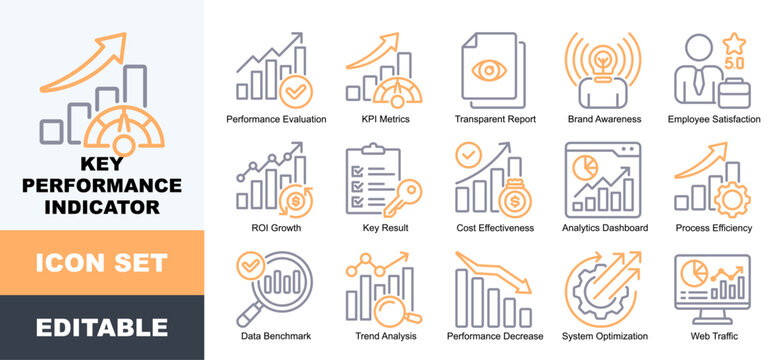 Key Performance Indicator Icon Pack Featuring Performance Evaluation, KPI Metrics, Transparent Report, Brand Awareness,  ROI Growth,  Cost Effectiveness, Process Efficiency
