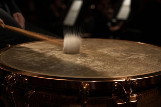 timpani. Timpani drumhead with blurred mallet impact and deep vibration. product launch decks, UI/UX mockups, designed for product launches and innovation pitches, clarifies data.