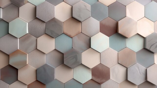 Close-up muted hexagon tiles with textures, in shades of beige, brown, gray and blue, some elevated
