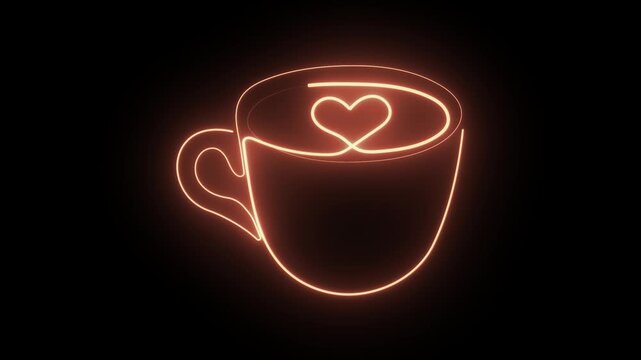Minimal continuous one line neon animation of a glowing coffee cup with a heart on a black background.