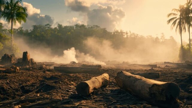 Tropical deforestation scene showing cut tree log on dry ground with smoky air and hazy sunrise in dense forest environment with palm tree silhouette