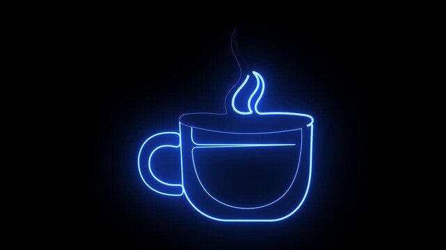 Coffee cup continuous one line 4K animation video with glowing blue neon hot steam
