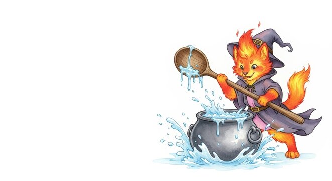 Cute halloween scene with witch cat stirring cauldron for celebration and fun
