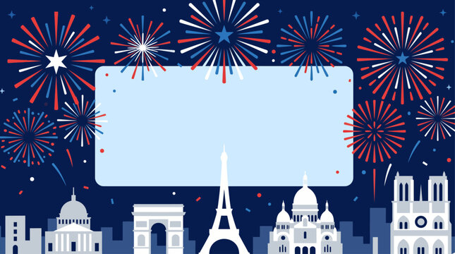 French bastille day celebration background with Paris skyline landmarks and festive fireworks frame