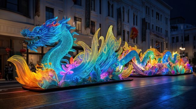 Vibrant illuminated dragon float parade decoration at night display
