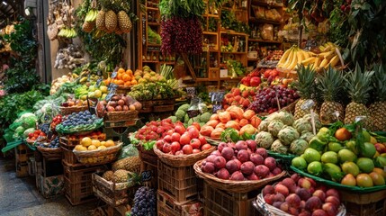 Obraz premium A vibrant fruit and vegetable market stall overflowing with colorful produce, baskets, and foliage in a bustling scene