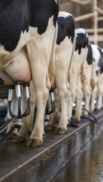 Milking machines attached to dairy cows lined up in a modern farm setting.