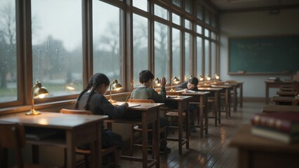 Fototapeta premium Students studying at wooden desks in a quiet, dimly lit classroom with large windows on a rainy day