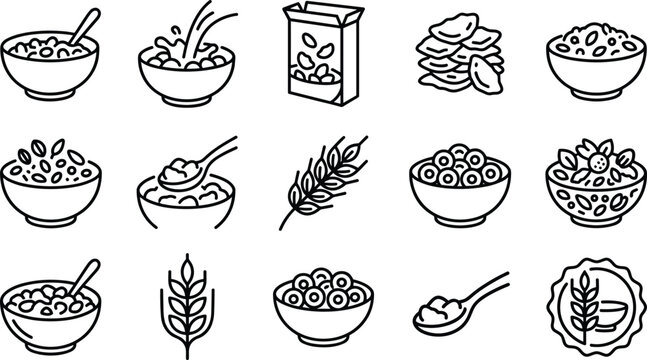 Cereal icons in a simple outline style with wheat stalks and bowls of breakfast food