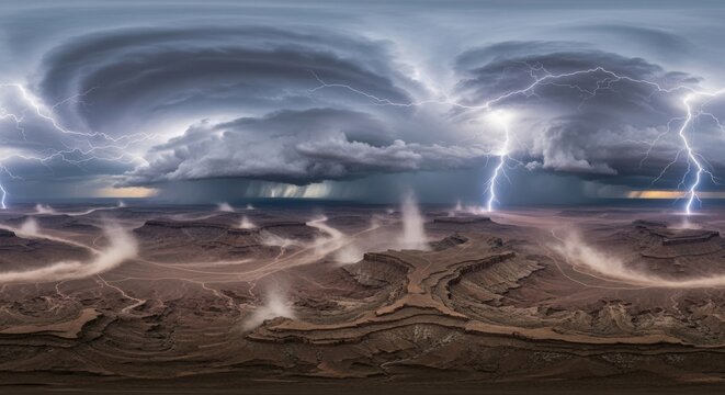 Dramatic lightning storm over desert with swirling dust tornadoes and thunderclouds