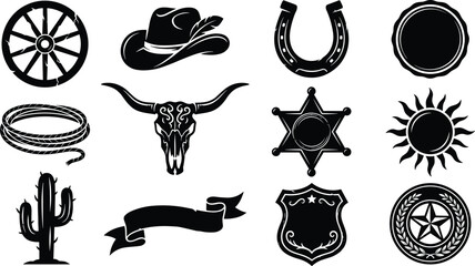 Obraz premium Western Cowboy Symbol Vector Set with Longhorn Skull Horseshoe Cactus and Sheriff Star