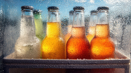 Fototapeta premium Bottles of soda in a refrigerator with condensation on the glass