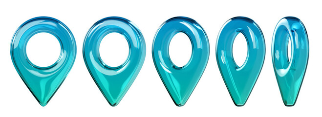 Naklejka premium Glossy turquoise 3D map location pin icons in different views. Transparent glass or plastic navigation markers isolated on background for GPS, map, travel and UI design. 3d render. 