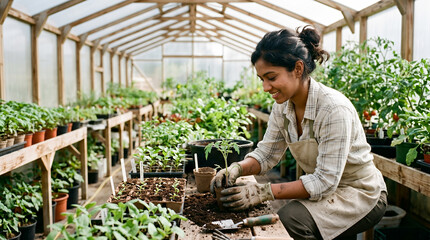 Young woman gardener planting tomato seedlings in greenhouse nursery