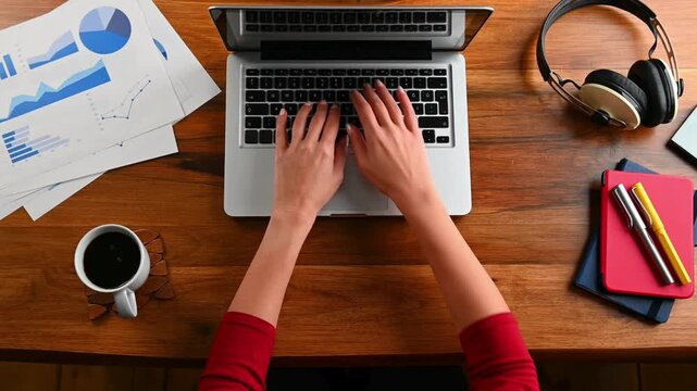 Top view of female hands typing on laptop keyboard, professional workspace with business charts and coffee, remote work and digital marketing concept