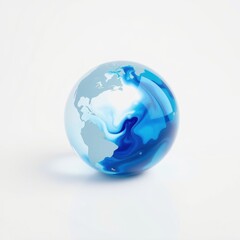 Fototapeta premium Glass globe depicts Earth. Blue swirls represent oceans, white areas landmasses. Simple studio lighting, clean background.