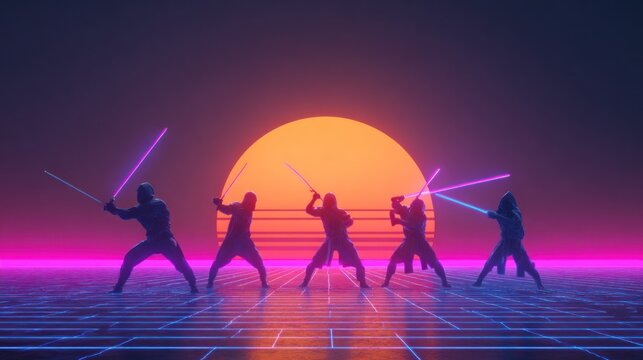 Silhouetted figures with glowing weapons against a retro style sunset background