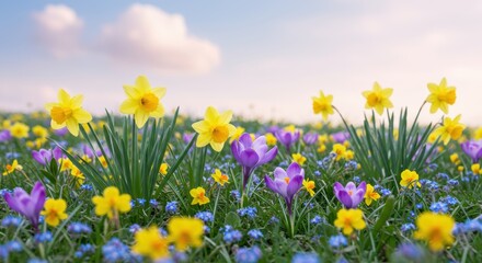 Fototapeta premium Vibrant spring meadow with blooming daffodils and crocuses under soft sky