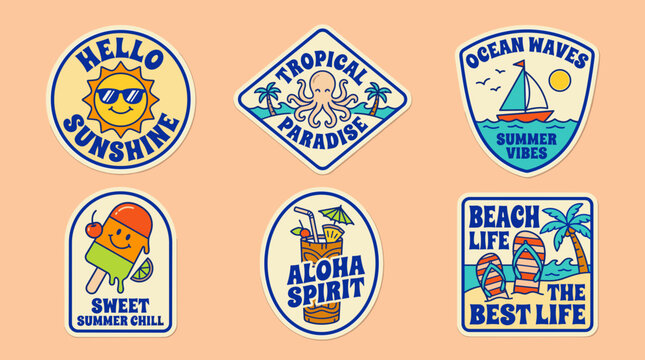 Colorful beach stickers on orange background.