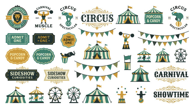 Vintage circus icons and banners collection.