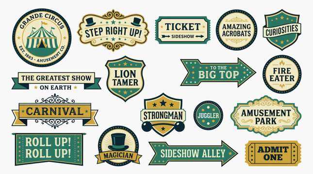Vintage carnival signs and labels.