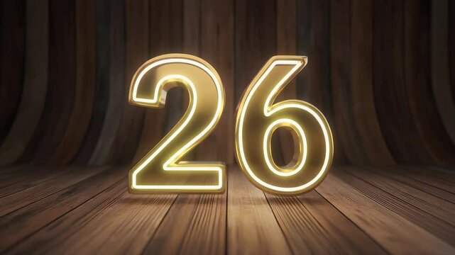 Elegant golden Realistic set of neon number 26 for decoration and covering on the wooden